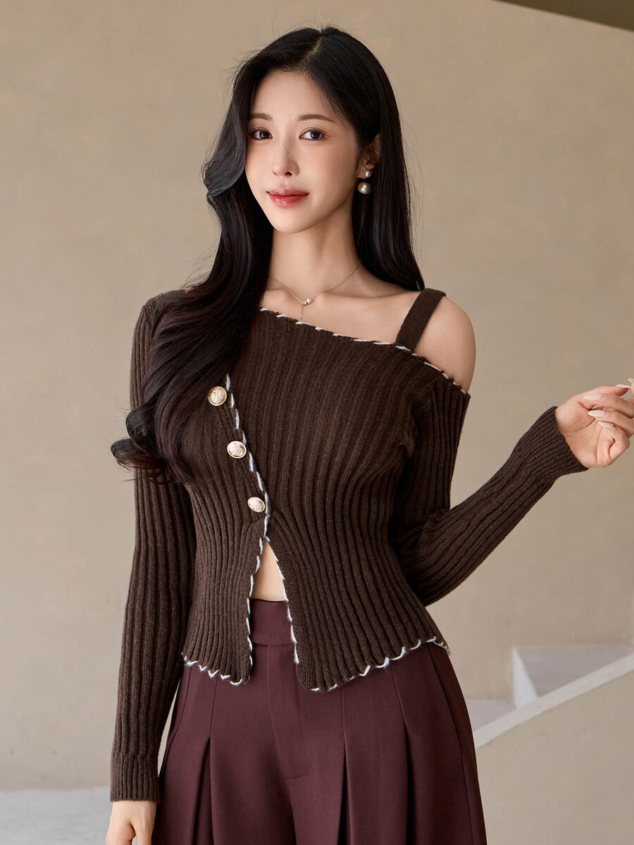 DAZY Women's Asymmetric Collar Long Sleeve Button Design Sweater - Brown - View 1