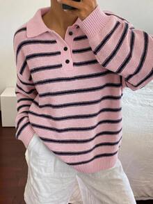 DAZY 秋冬女款 Polo 領鈕扣長袖落肩寬鬆拼接撞色粉黑條紋休閒街頭針織毛衣 - 粉色 - 查看 6