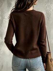 SHEIN 秋季中式風格青蛙鈕扣針織開襟衫 女款圓領長袖修身夾克 - 咖啡棕 - 查看 2