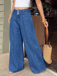 Sunnyshic Celana Jeans Wanita Model Lebar, Longgar, Kasual, dengan Kancing Depan dan Saku - Biru - View 2
