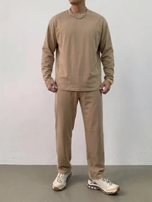 DAZY 春秋長袖T恤搭配鬆緊腰長褲男士T恤套裝 - 卡其色 - 查看 6