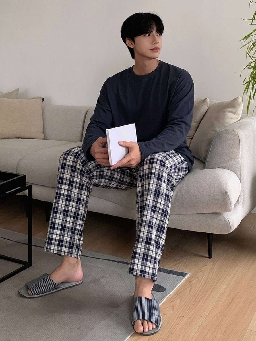 DAZY Spring/Summer Red Plaid Pants & T-Shirt Men's Loungewear Set - Navy Blue - View 1