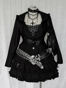 Sunspun Plus Size Autumn Long Sleeve Black Vintage Style Ruffle Trim Blazer Halloween - Black - View 1