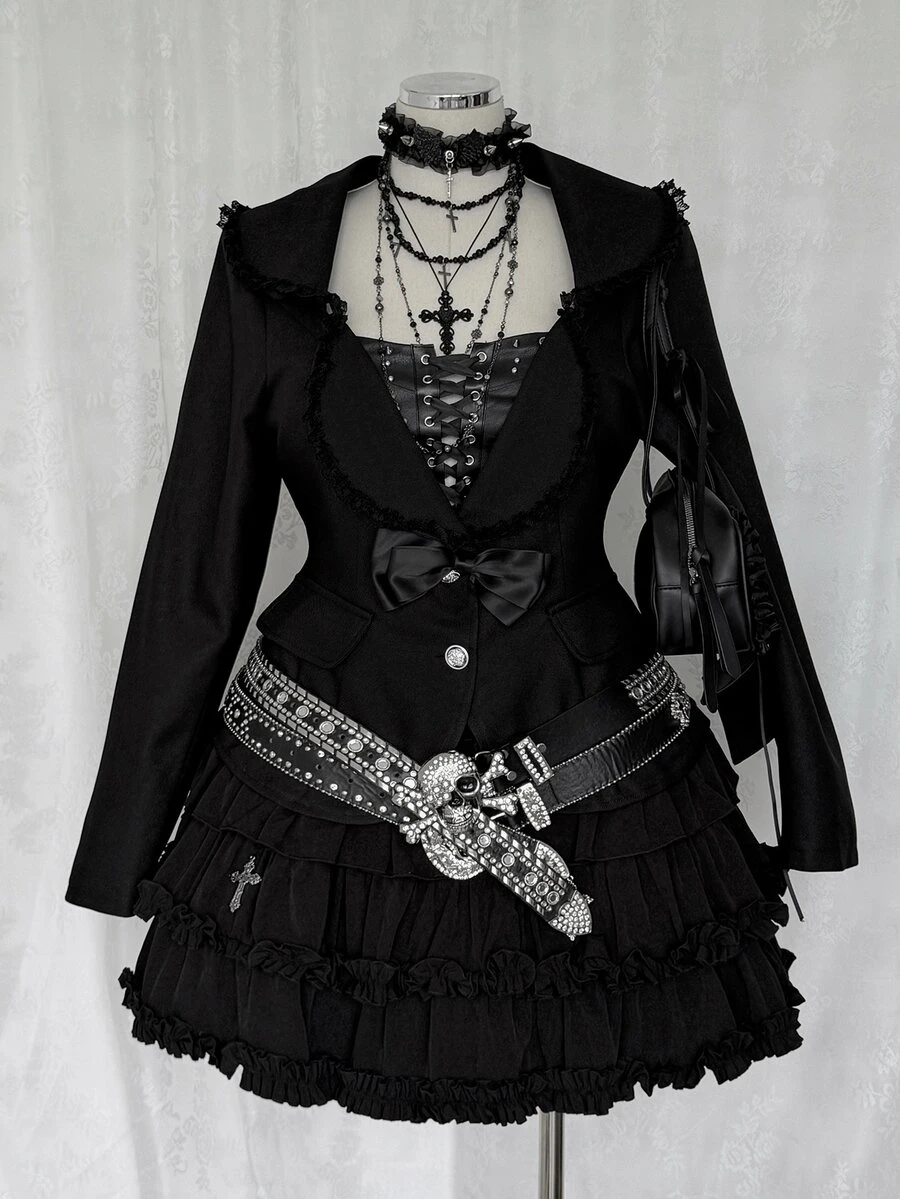 Sunspun Plus Size Autumn Long Sleeve Black Vintage Style Ruffle Trim Blazer Halloween - Black - View 1