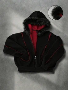 ROMWE MEN Men's Plus Size Long Sleeve Zip-Up Hooded Sweatshirt With Patchwork Fur - Black - View 1