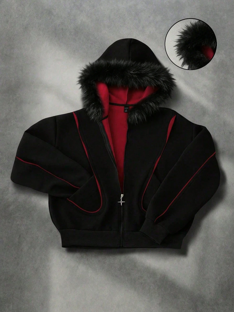 ROMWE MEN Men's Plus Size Long Sleeve Zip-Up Hooded Sweatshirt With Patchwork Fur - Black - View 1