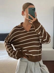 DAZY Women's Vintage Fashion Striped Colorblock Long Sleeve Sweater - Brown - View 4