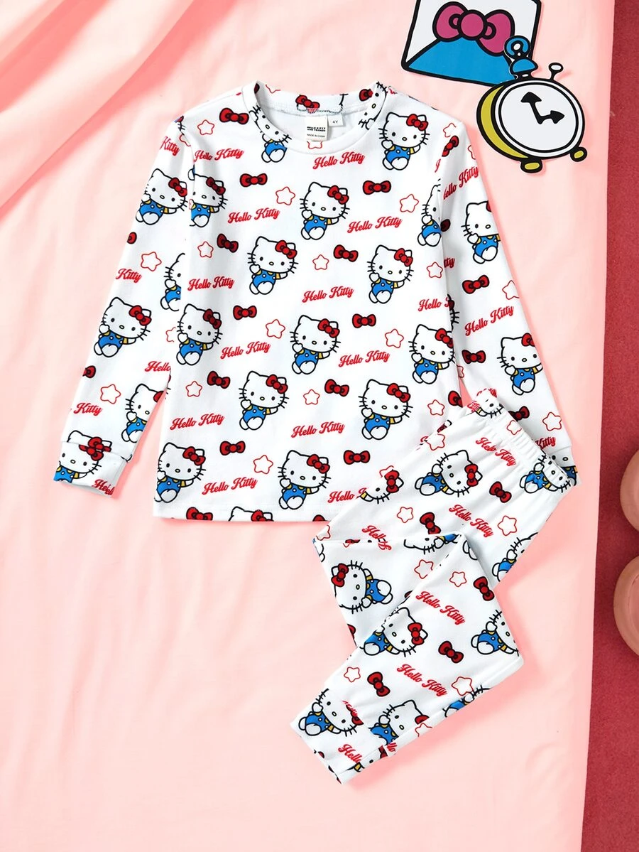 HELLO KITTY AND FRIENDS | SHEIN 少女字母印花長袖上衣與長褲居家服套裝 - 白色 - 查看 1