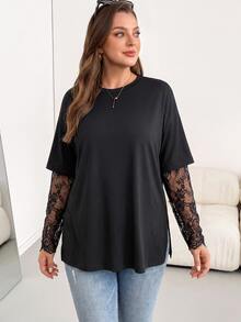 Shapeblank Plus Size T-Shirt With Lace Sleeves And Split Hem - Black - View 4