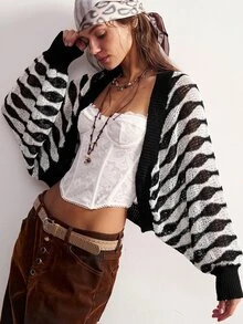 Bohemela Women's Vintage Street Style Colorblock Hollow Knit Cardigan - Black and White - View 1