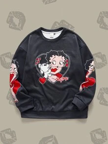 Betty Boop x SHEIN Men's Heart Print Long Sleeve Casual Pullover Sweatshirt - Black - View 3