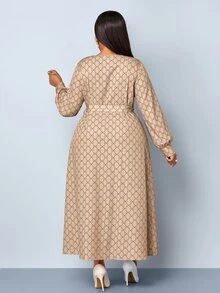 SOLERSUN V-Neck Criss-Cross Loose Long Sleeve Dress, Waist Tie Cinched Waist, All-Over Geometric Print, Suitable For Commuting And Daily Wear Fall - Khaki - View 4