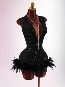 Amplova Deep V-Neck Fitted Sleeveless Sequin Feather Bodycon Mini Dress For Women, Suitable For Party, Banquet, Date Outfits - Black - View 3