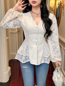 Feyla Women's Elegant Solid Color Jacquard Blouse, Autumn - Apricot - View 3