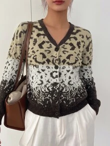 Mulvari Women's Lazy Leopard Print Jacquard Long Sleeve Cardigan Sweater, Autumn/Winter Leopard Print Fall/Winter Going Out - Coffee Brown - View 4