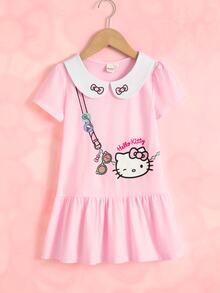 HELLO KITTY AND FRIENDS | SHEIN Young Girl Letter Cartoon Print Casual Daily Summer Dress - Pink - View 3