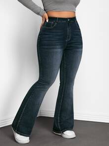 SHEIN EZwear Plus Size Fashion Street Button Pocket Flared Jeans - Blue - View 3