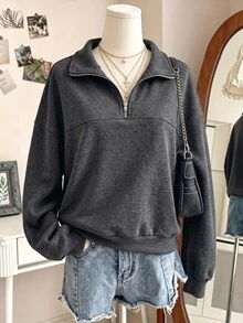 SHEIN 青少年女孩純色落肩長袖半拉鍊休閒運動衫 - 深灰色 - 查看 1