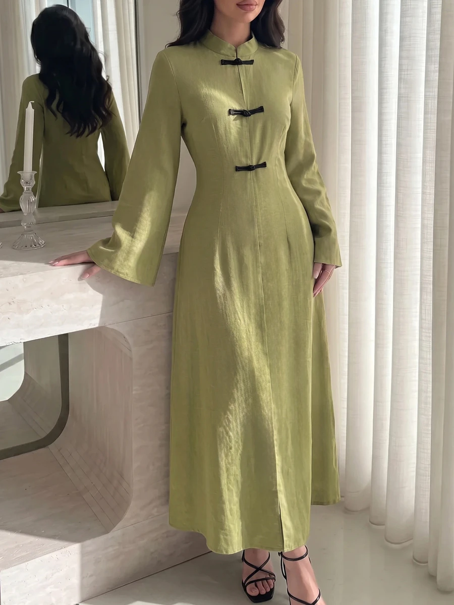 Yasmyna Long Sleeve Elegant Long Button-Front Arabian Dress - Green - View 1