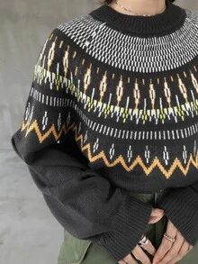 FRIFUL Women's Autumn/Winter Casual Retro Vintage 70s Geometric Pattern Sweater Everyday Going Out Grey - Dark Grey - View 1