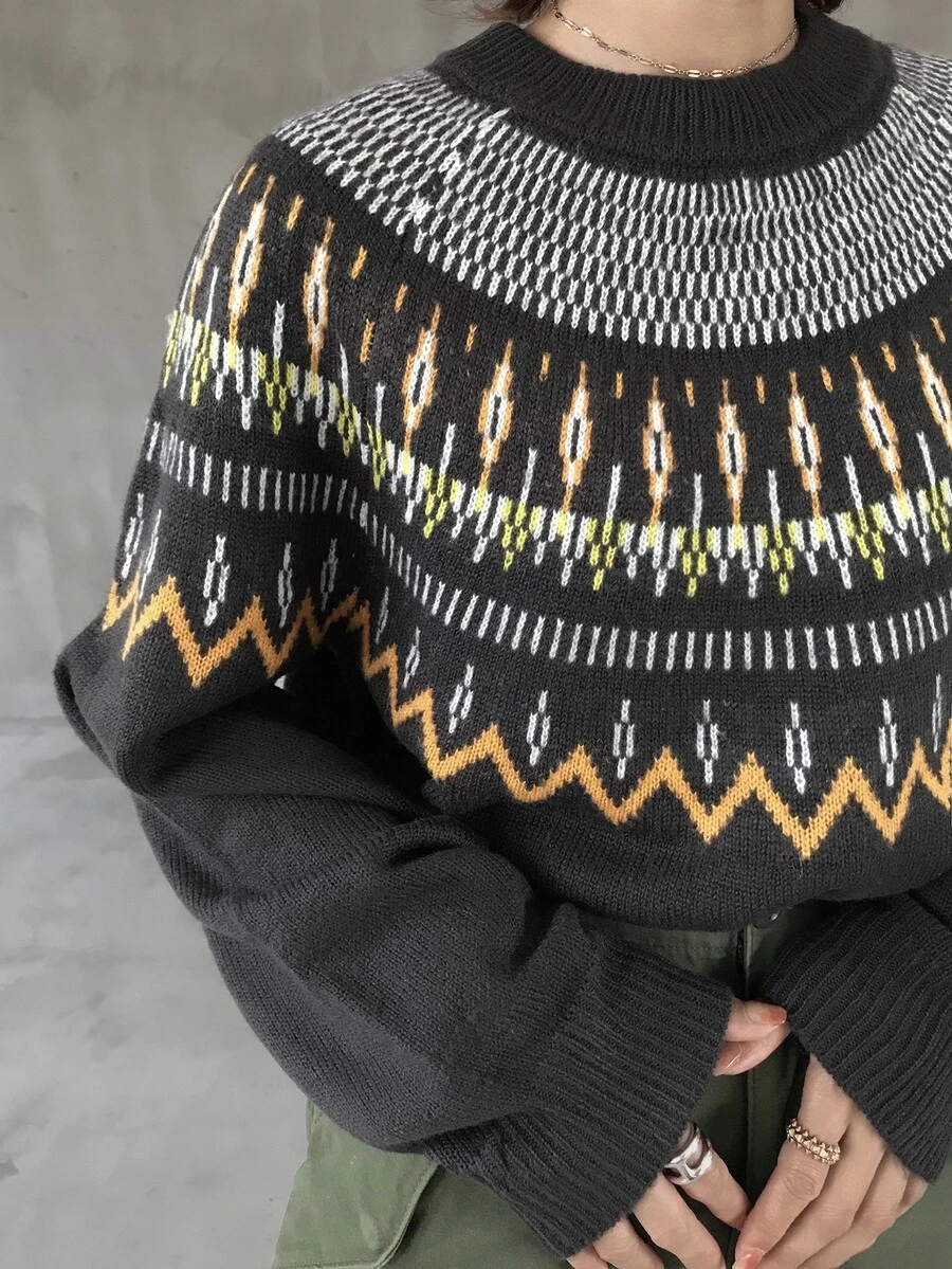 FRIFUL Women's Autumn/Winter Casual Retro Vintage 70s Geometric Pattern Sweater Everyday Going Out Grey - Dark Grey - View 1