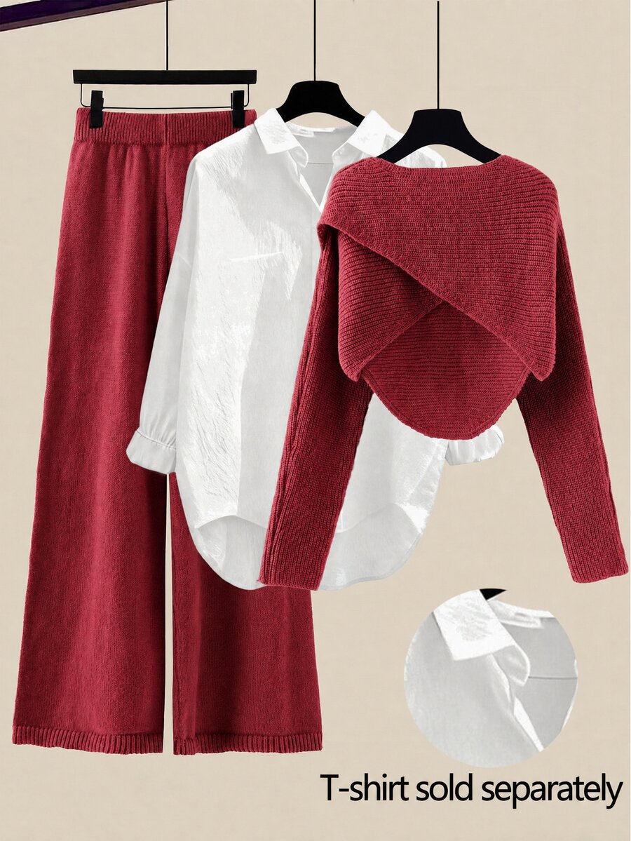 GlowEve Women's Solid Color Wrap Sweater & Knit Pants 2 Pieces Set - Burgundy - View 1