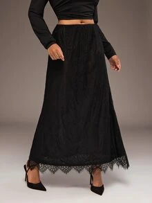 Freevana Plus Size Women's Lace Patchwork Casual Elegant Versatile Skirt Autumn Cocktail Evening Black - Black - View 3