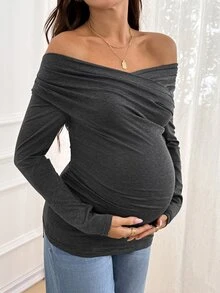 SHEIN Maternity Casual Versatile Cross Pleated Long Sleeve T-Shirt Fall - Grey - View 1