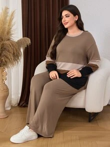 Lacomfia Women's Casual Large Scoop Neck Fashion Colorblock Striped Loose Daily Home Top With Versatile Wide Leg Pants - Multicolor - View 4