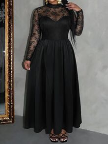 Slaydiva Plus Size Formal Gown, Black Lace Mesh Long Sleeve High Neck Split Satin Maxi Dress - Black - View 7