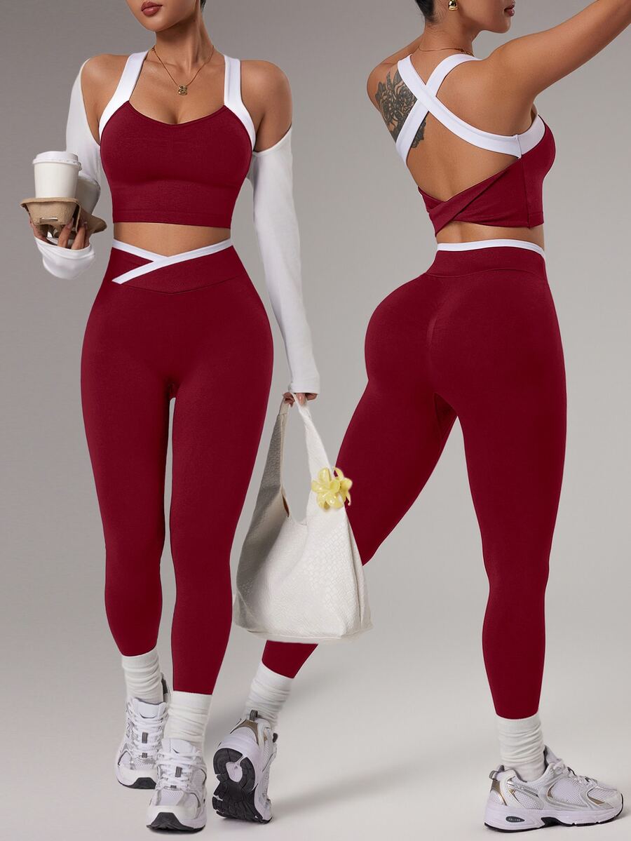 Dewbera Dewbera 1套酒紅色配色無縫運動套裝，無袖露背，柔軟舒適貼身，適合健身、跑步、休閒、瑜伽 - 酒紅色 - 查看 1