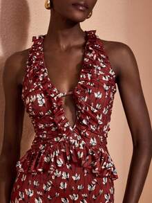 JIAN LASALA Knit Floral Print Sleeveless Halter Neck Ruched Ruffle Layers Midi Dress Elegant Vacation - Red - View 7