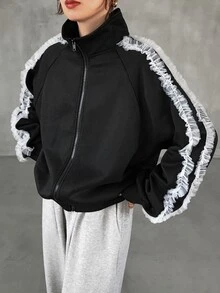 FRIFUL Women's Autumn Contrast Color Frill Trim Regular Jacket - Black - View 6