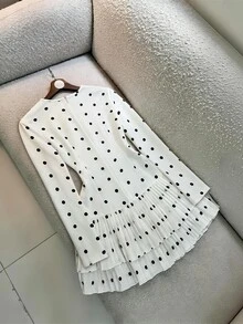 SHEIN Franclia Women's Elegant Black And White Polka Dot Dress For Daily Commute And Date, Double Layer Ruffle Hem - White - View 2