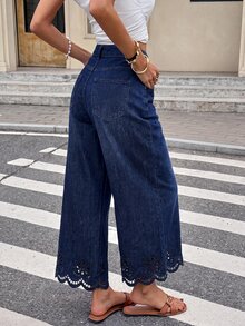 Serisse Women's High Waist Pocket Patchwork Hollow Embroidery Straight Leg Casual Jeans - Blue - View 2