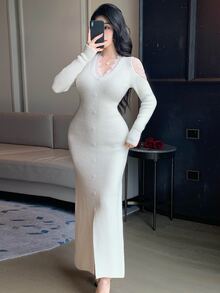 DAZY Autumn/Winter Lace V-Neck Design Fitted White Elegant Date Wedding Women Sweater Dress - Beige - View 7