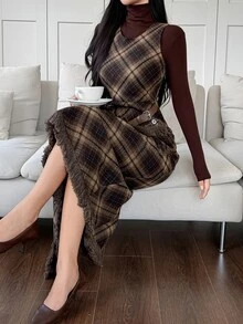 DAZY Women's Fashionable Elegant Plaid Dress With Frayed Hem - Brown - View 1