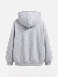 SHEIN Girlism 2件組青少年女孩純灰色冬季休閒度假返校復古寬鬆圖案連帽衛衣與運動長褲保暖運動套裝 - 灰色 - 查看 5
