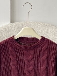 SHEIN 兒童青少年女孩秋冬休閒基礎極簡厚實毛絨針織圓領寬鬆套頭長袖蝴蝶結裝飾毛衣，酒紅色 - 酒紅色 - 查看 4