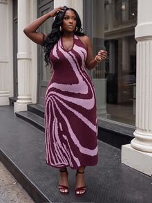 Slaydiva Plus Size Women's Zebra Print Halter Neck Knit Dress - Purple - View 5