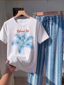 Solflare 2件組女款休閒大尺碼花卉圖案白色T恤與條紋印花長褲，適合夏季 - 彩色 - 查看 5