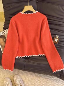 SHEIN Franclia French Romantic Colorblock Wavy Edge Commuter Cardigan - Burnt Orange - View 2