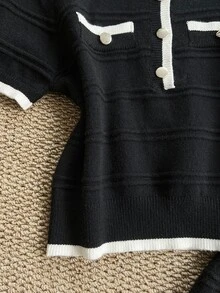 Grovea Plus Size Elegant Button Contrast Color Short Sleeve Knit Top And Mini Skirt Set - Black - View 7