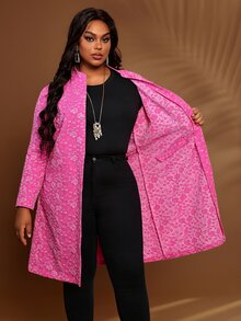 BrightlyHer Plus Size Hot Pink Textured Button Front Jacquard Stand Collar Long Sleeve Jacket Fall Winter 2026 - Hot Pink - View 10
