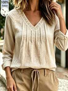 Holdful Holdful Autumn/Winter New V-Neck Lace Patchwork Versatile Comfortable Women's Long Sleeve Blouse - Apricot - View 4
