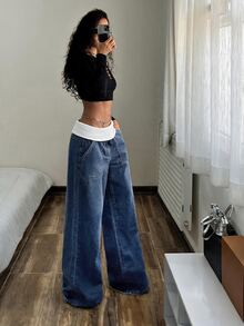 StreetHx Plus Size Women's Contrast Color Waist Fold Pocket Wide Leg Casual Denim Jeans - Blue - View 3