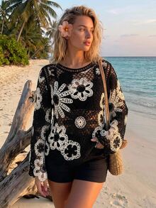 Travachic Plus Size Women's Spring/Autumn Hollow Crochet Long Sleeve Fashion Versatile Design Knit Top Fall - Multicolor - View 6