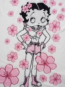 Betty Boop x SHEIN Men's Floral Print Crew Neck Short Sleeve Casual T-Shirt - White - View 5