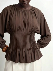 Aalyst Women's Long Sleeve Heavy-Duty Striped Waist-Curved Round Neck Blouse, Suitable For Commuting And Daily Wear - Coffee Brown - View 1