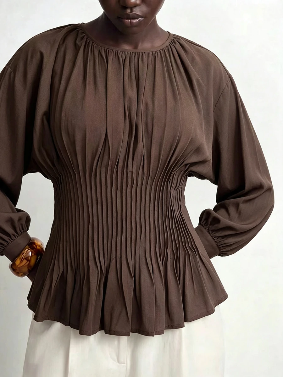 Aalyst Women's Long Sleeve Heavy-Duty Striped Waist-Curved Round Neck Blouse, Suitable For Commuting And Daily Wear - Coffee Brown - View 1